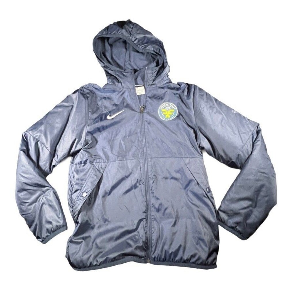 Nike Boys Blue Zip Hooded Fleece Lined Windbreaker Soccer Club Futbol Jacket L